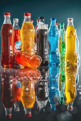 Aufkleber - Collection of colorful soda bottles on shiny surface, perfect for advertisements or packaging design