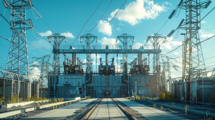 Poster - Image of a train station with power lines and electrical towers in the background