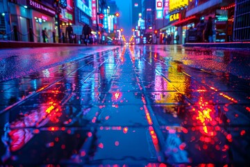 Poster - a wet street with buildings and lights. 