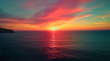 Wall Mural - High-angle drone shot of a colorful sunset over the ocean.