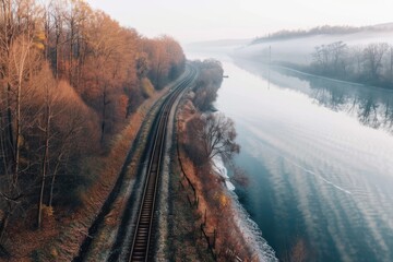 Aufkleber - Train travels along tracks beside a serene body of water, suitable for travel or landscape images