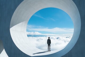 Man standing in futuristic circular window overlooking cloudscape, symbolizing exploration and contemplation.