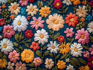 Wall Mural - A colorful embroidered floral pattern on a blue background. The flowers are of various colors and sizes, and the overall effect is vibrant and cheerful