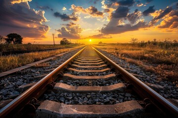 Poster - A train track with a beautiful sunset in the background