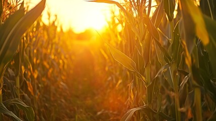 Poster - Close-up of a cornfield at sunset, with the sun casting a golden glow over the tall stalks and ripe ears