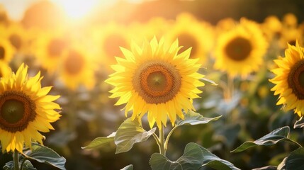 Poster - Close-up of a field of blooming sunflowers, with the sun casting a warm glow on their bright yellow petals