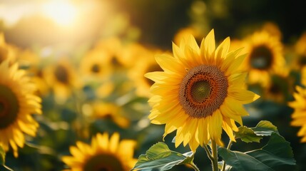 Poster - Close-up of a field of blooming sunflowers, with the sun casting a warm glow on their bright yellow petals