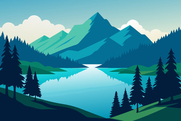 Serene Mountain Lake Framed by Lush Trees and Grass art vector illustration