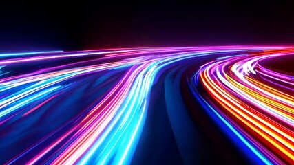 Poster - Abstract glowing neon light trails flowing on black background. Energy flow 3D animation. Future technology concept. Colorful light streaks. Futuristic stream