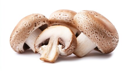 Three whole mushrooms and one sliced mushroom isolated on white background.