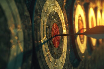 Poster - A close-up shot of a target with an arrow stuck in it, suitable for sports or outdoor-themed projects
