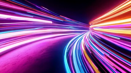 Poster - Abstract glowing neon light trails flowing on black background. Energy flow 3D animation. Future technology concept. Colorful light streaks. Futuristic stream