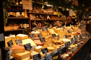 Vibrant cheese display in a cozy market. Colorful varieties are neatly arranged. Perfect setting for food lovers. Experience gourmet delights. Generative AI