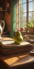 Wall Mural - Cozy rustic kitchen interior with pear fruit on old wooden table.