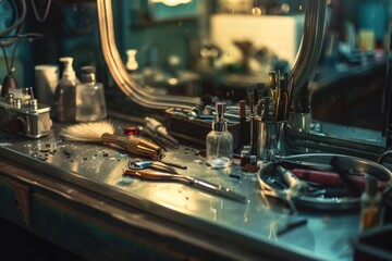 Poster - A wooden vanity with various tools and equipment stored inside