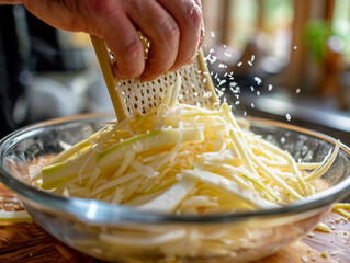 A person is grating cheese over a bowl of food. The bowl is filled with food and the cheese is being grated over it