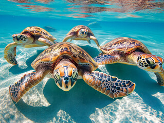 Four turtles are swimming in the ocean. The turtles are small and brown. The water is clear and blue