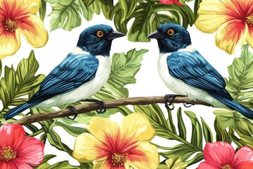 Wall Mural - Seamless tropical pattern with birds and flowers