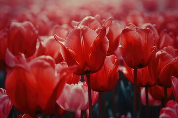 Poster - A vibrant field of red tulips basking in warm sunlight
