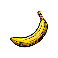 A cartoon illustration of a ripe banana with a slight curve, yellow with brown spots, against a white background.