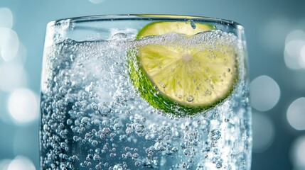 Poster - Close-up of a frosty glass of sparkling water with bubbles and a lime wedge