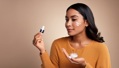 Wall Mural - A serene woman with radiant skin and skincare expertise on a neutral background, using acne-fighting products and practicing self-care.