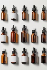 Poster - Collection of brown glass bottles with white labels, great for still life photography or product illustration