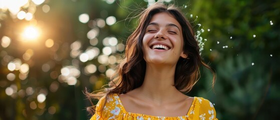 a young brunette woman in a yellow floral dress smiles joyfully with eyes closed, surrounded by gree