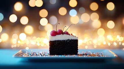  A chocolate cake with white frosting and cherries on a plate in front of lit background