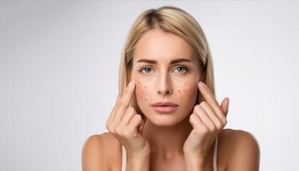 Wall Mural - Anxious attractive blonde lady popping blemishes on her face in a white studio setting.