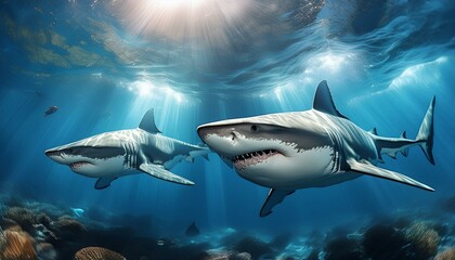 Beneath the ocean's surface, two majestic white sharks swim in a circular motion. Artwork.