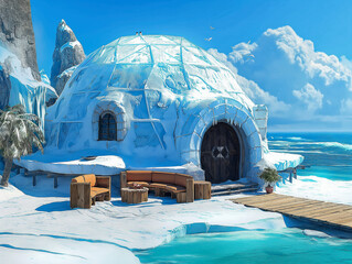 Wall Mural - A small igloo is on a beach with a body of water in the background. The igloo is made of ice and snow and has a wooden door. The scene is peaceful and serene