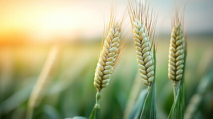   Two ears of wheat in a field, under the warm glow of the setting sun