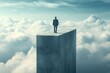 © North - Businessman standing on a tall concrete block above clouds, symbolizing success, ambition, and reaching goals in a surreal landscape.