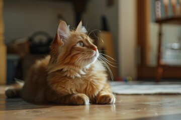 Poster - A domestic cat lying down and looking upwards