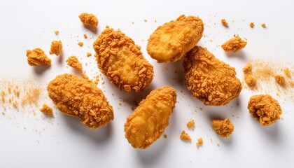 Crispy chicken nuggets falling on white background with crumbs, captured from above with a shallow focus.