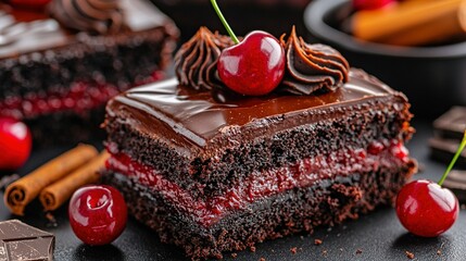   A close-up of a cherry-topped cake with chocolate cherries on the side