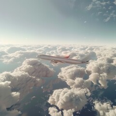 Canvas Print - A plane flies high above white fluffy clouds, suitable for travel or adventure themed projects