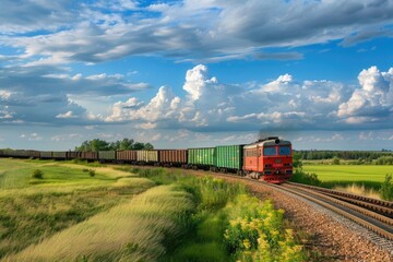 Poster - A train travels down the railroad tracks surrounded by a lush green field