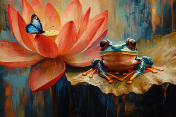 Wall Mural - illustration of a frog, lotus blossom, and butterfly