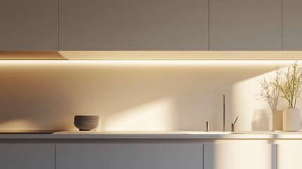 Poster - Close-up of a minimalist kitchen with clean lines, white cabinetry, and minimal decor, highlighting the simplicity and elegance