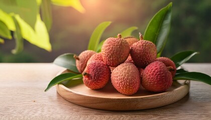 Wall Mural - Fresh lychee fruit with green foliage on wooden platter, picked from tropical tree in Thailand during summertime.