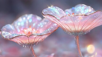   A sharp focus on two pink blossoms with droplets of water, set against a hazy backdrop of blue and pink