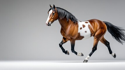 A stunning horse in motion, showcasing its strength and grace against a neutral backdrop. Perfect for equine-themed projects.