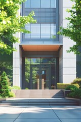 Poster - A modern building with a glass door and steps leading up to it