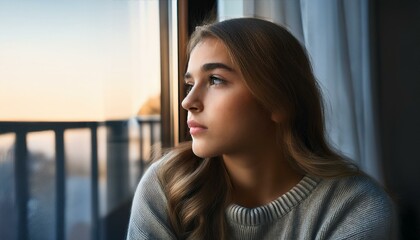 Wall Mural - Intense portrait of melancholy contemplative millennial girl in solitude reflecting on relationships, inner struggles, and desolation in her own dwelling.