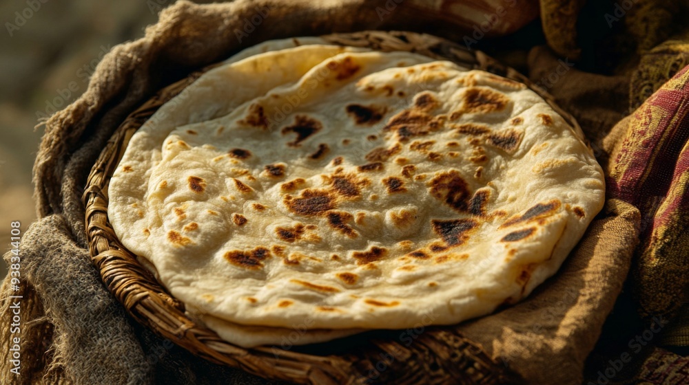 Close-up of a perfectly cooked roti with a slightly charred surface ...