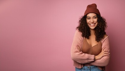 Wall Mural - Joyful woman winks with her arms crossed, sporting curly dark locks and a cozy hat and top, playfully posing against a rosy backdrop while showcasing her style.