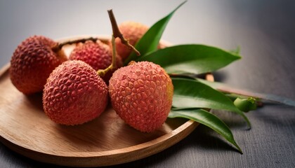 Wall Mural - Juicy lychee fruit with verdant foliage on wooden platter, picked from tropical trees in Thailand during the summertime.