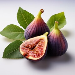 Wall Mural - Juicy ripe figs with foliage on a blank backdrop.